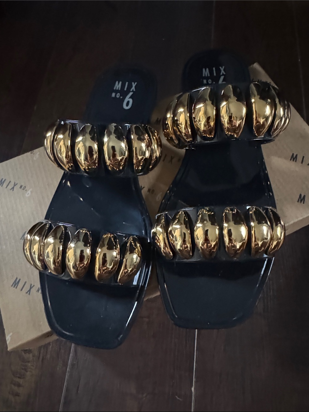 Mix No. 6 Black Slides with Shiny Gold Sculpted Straps